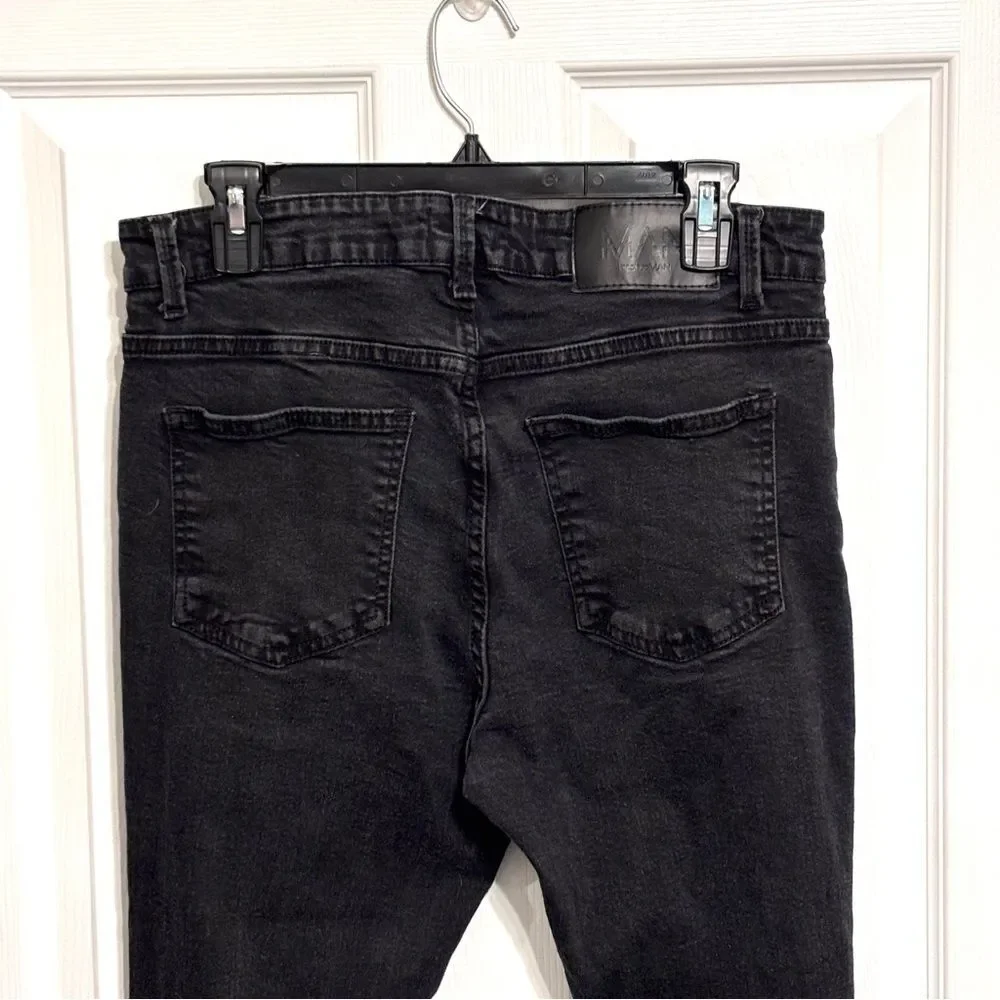 Boohoo MAN | Men’s Stacked Long Black Distressed Dark Wash Denim Jeans 31 x 36